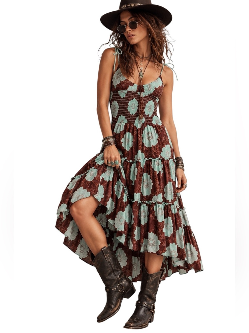 FREE PEOPLE Aariel Tie Strap Tiered Cotton Midi Dress Nutmeg Combo NWT